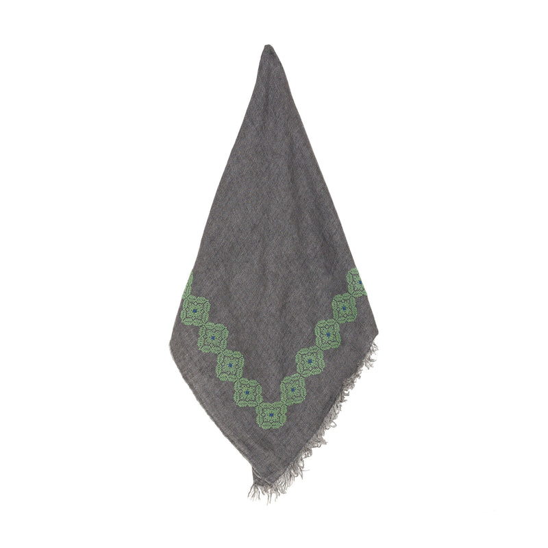 GRAY LINEN SHAWL SQUARE GREEN POPPY