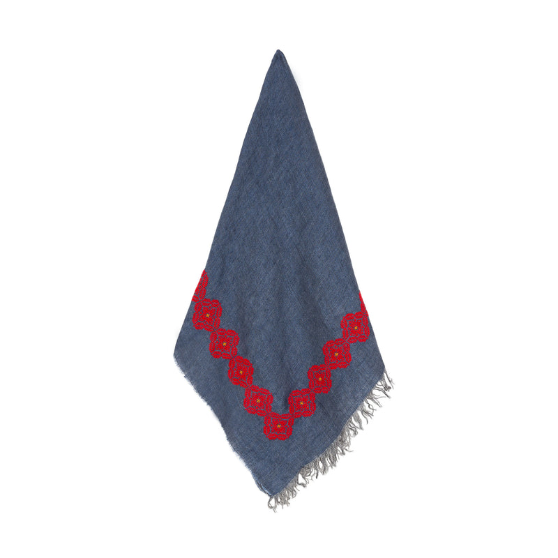 BLUE LINEN SHAWL SQUARE RED POPPY