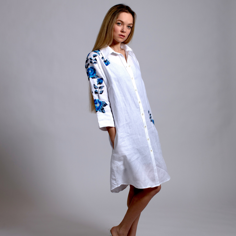 WHITE LINEN SHIRT DRESS SEA BLUE HANA ROSE
