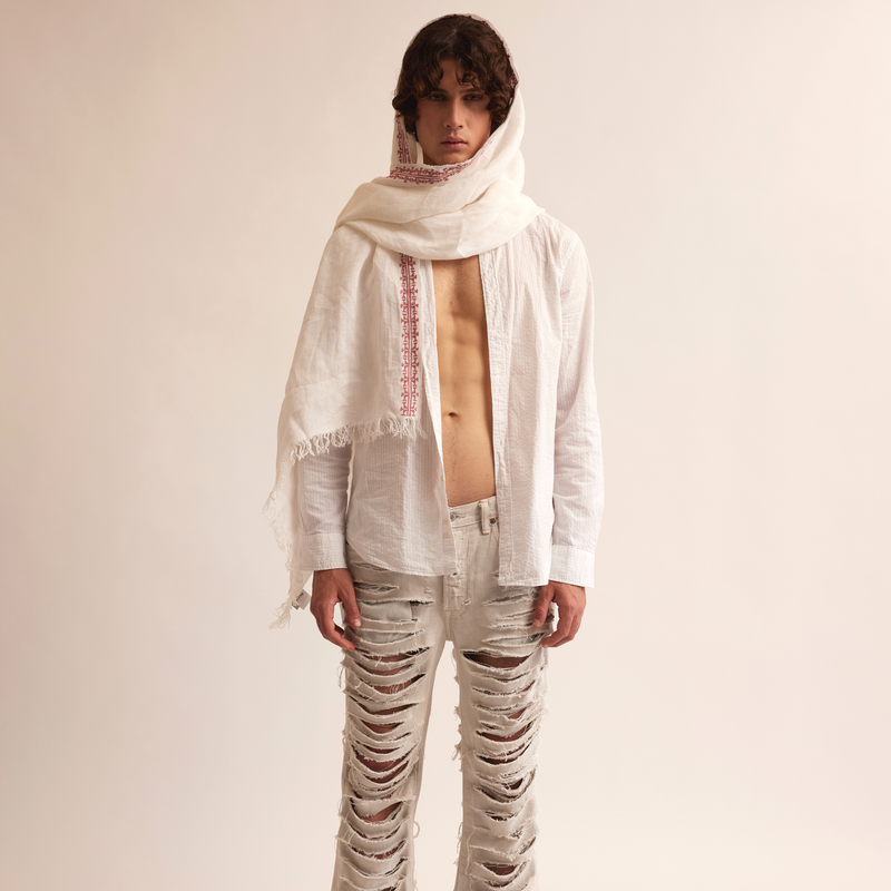 WHITE LINEN SHAWL ANTIQUE PINK IBRAHIM