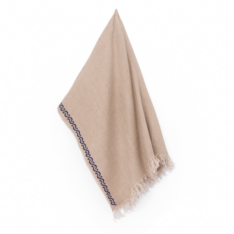 BEIGE LINEN SHAWL NAVY BLUE WAVES