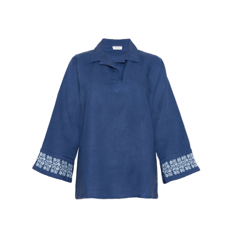 POLO COLLAR | INDIGO BLUE LINEN A-SHAPE TOP | SINEAD