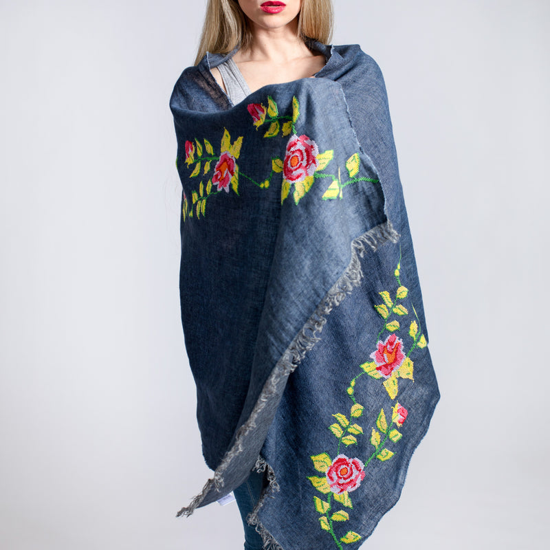 BLUE LINEN SHAWL HANA ROSE