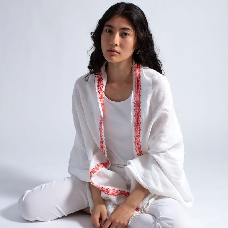 WHITE LINEN SHAWL CAPRI RED IBRAHIM