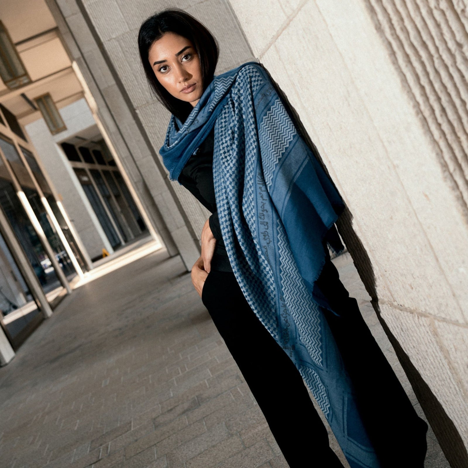 BLUE MERINO WOOL & SILK IBN BATTUTA KEFFIYEH