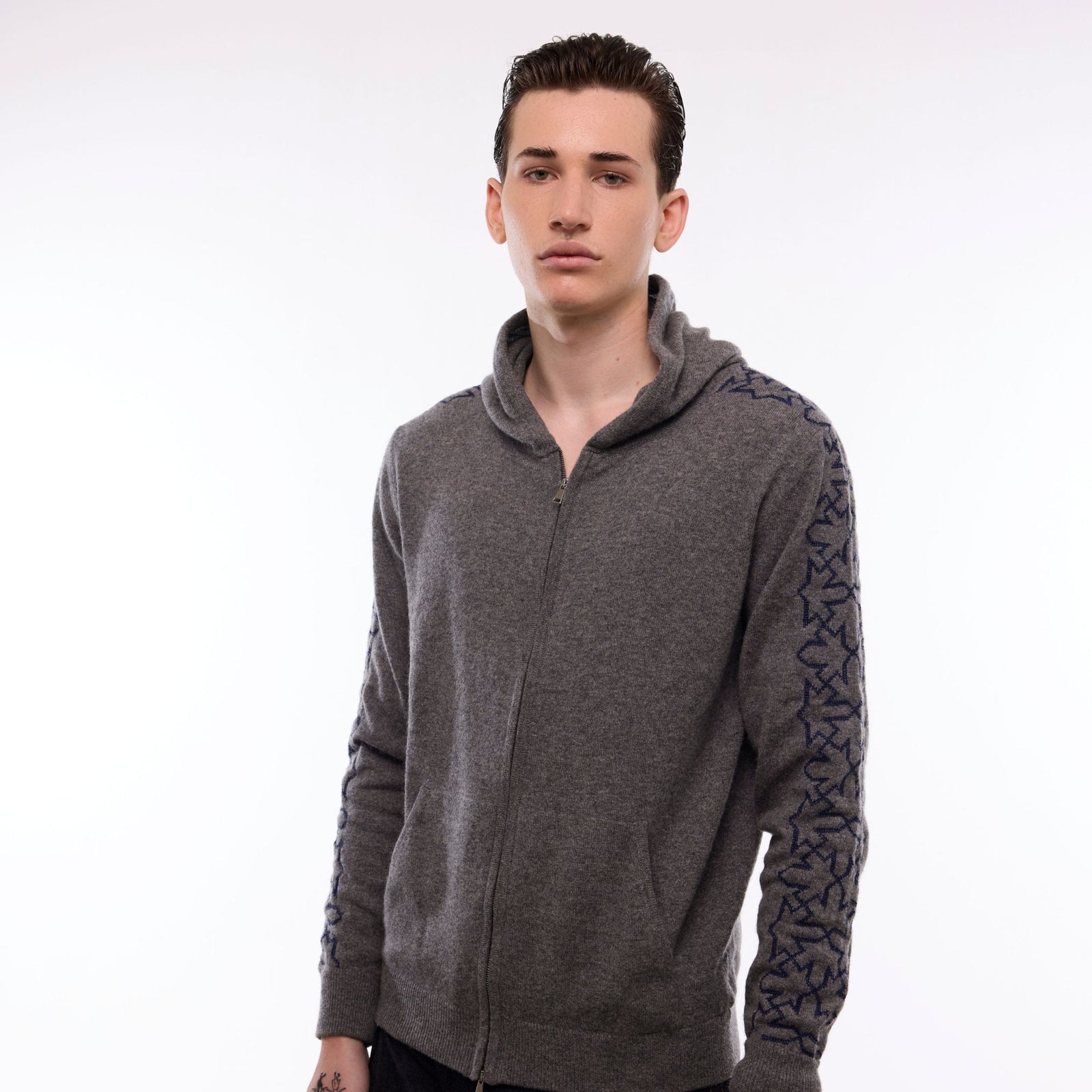 GRAY CASHMERE ZIPPER HOODIE | CLASSIC CUT RIBBED CUFFS AND WAIST