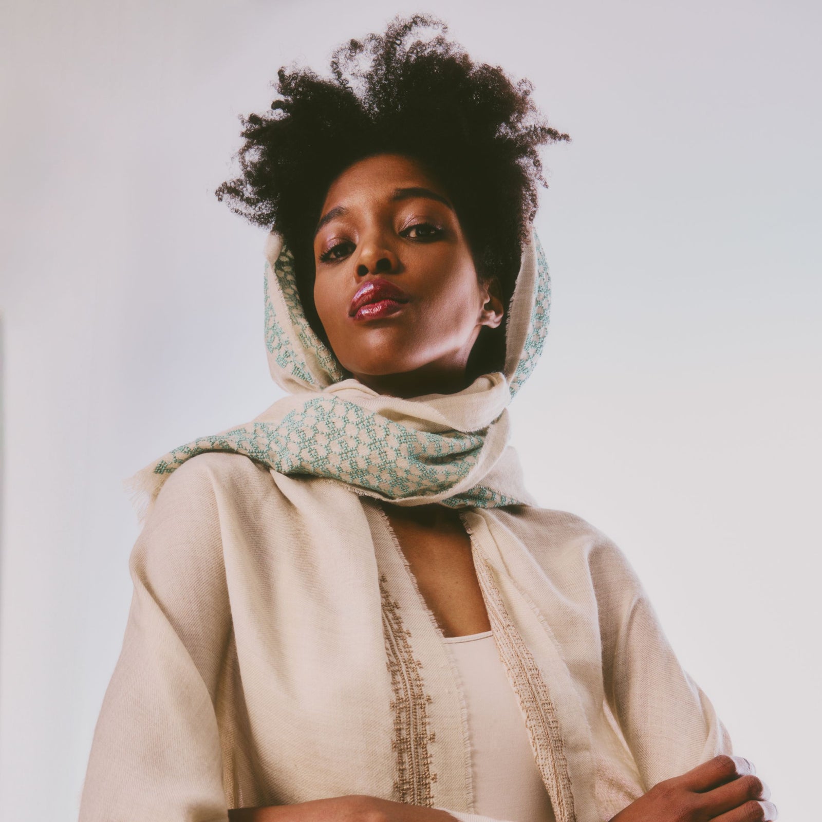 BEIGE CASHMERE & SILK SHAWL AQUA GREEN BEEHIVE