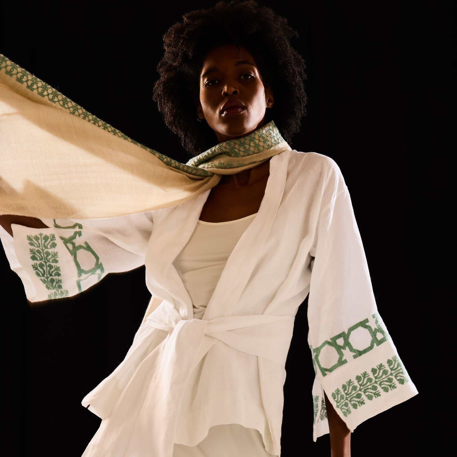 BEIGE CASHMERE & SILK SHAWL AQUA GREEN BEEHIVE