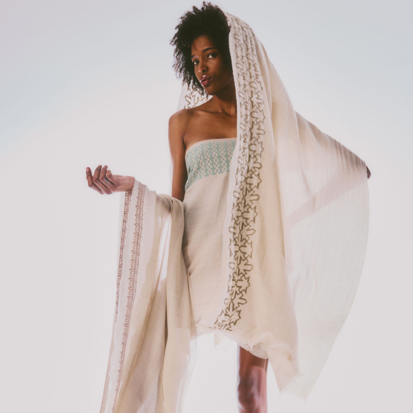 BEIGE CASHMERE & SILK SHAWL AQUA GREEN BEEHIVE