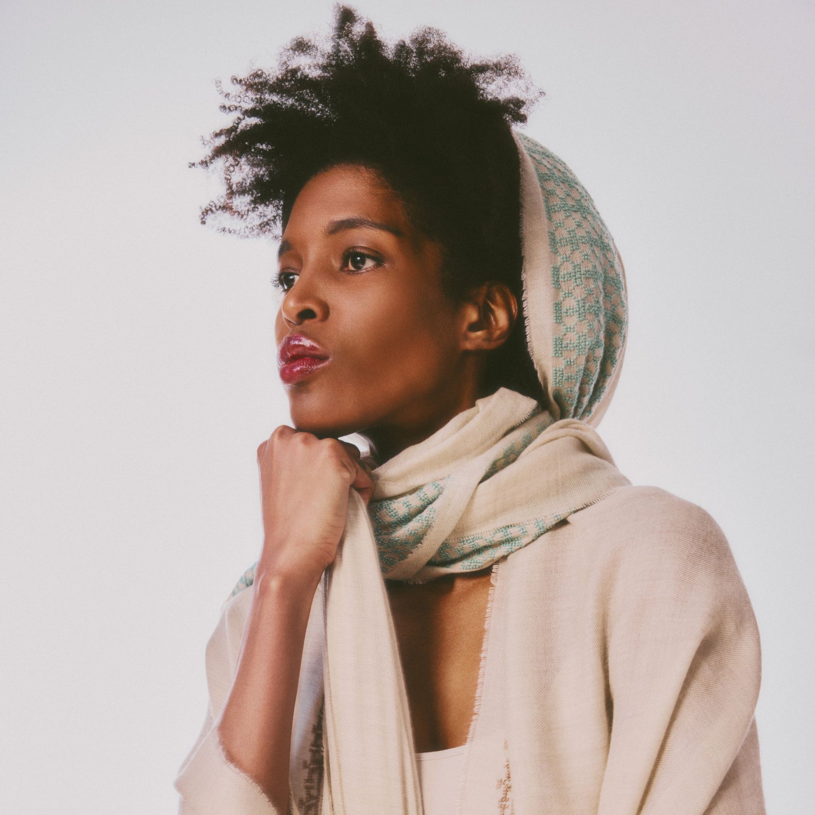 BEIGE CASHMERE & SILK SHAWL AQUA GREEN BEEHIVE