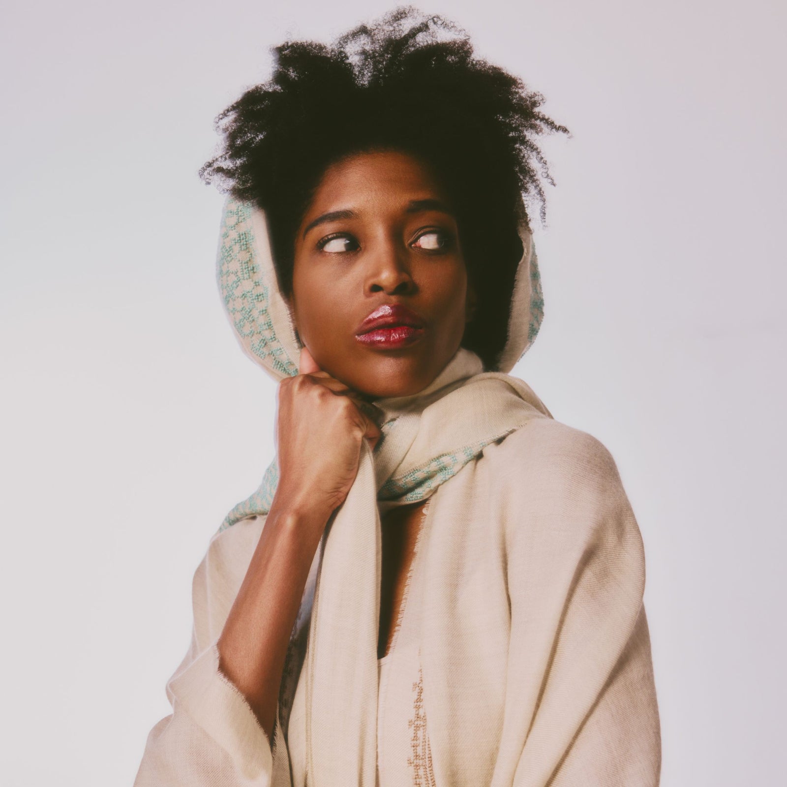 BEIGE CASHMERE & SILK SHAWL AQUA GREEN BEEHIVE