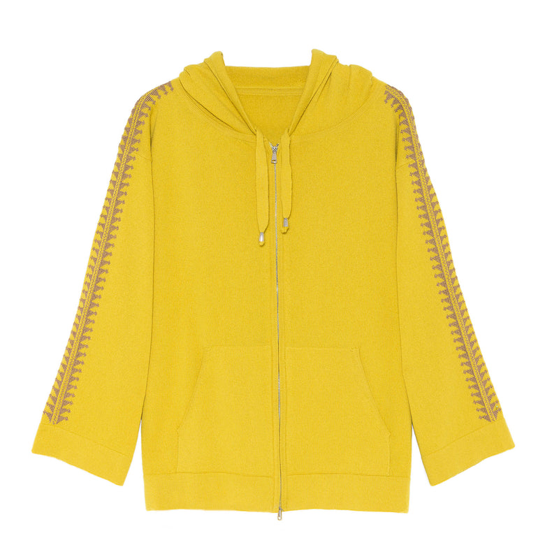 LIME CASHMERE ZIPPER HOODIE | A-SHAPE TUBULAR FLAT CUFF AND WAIST