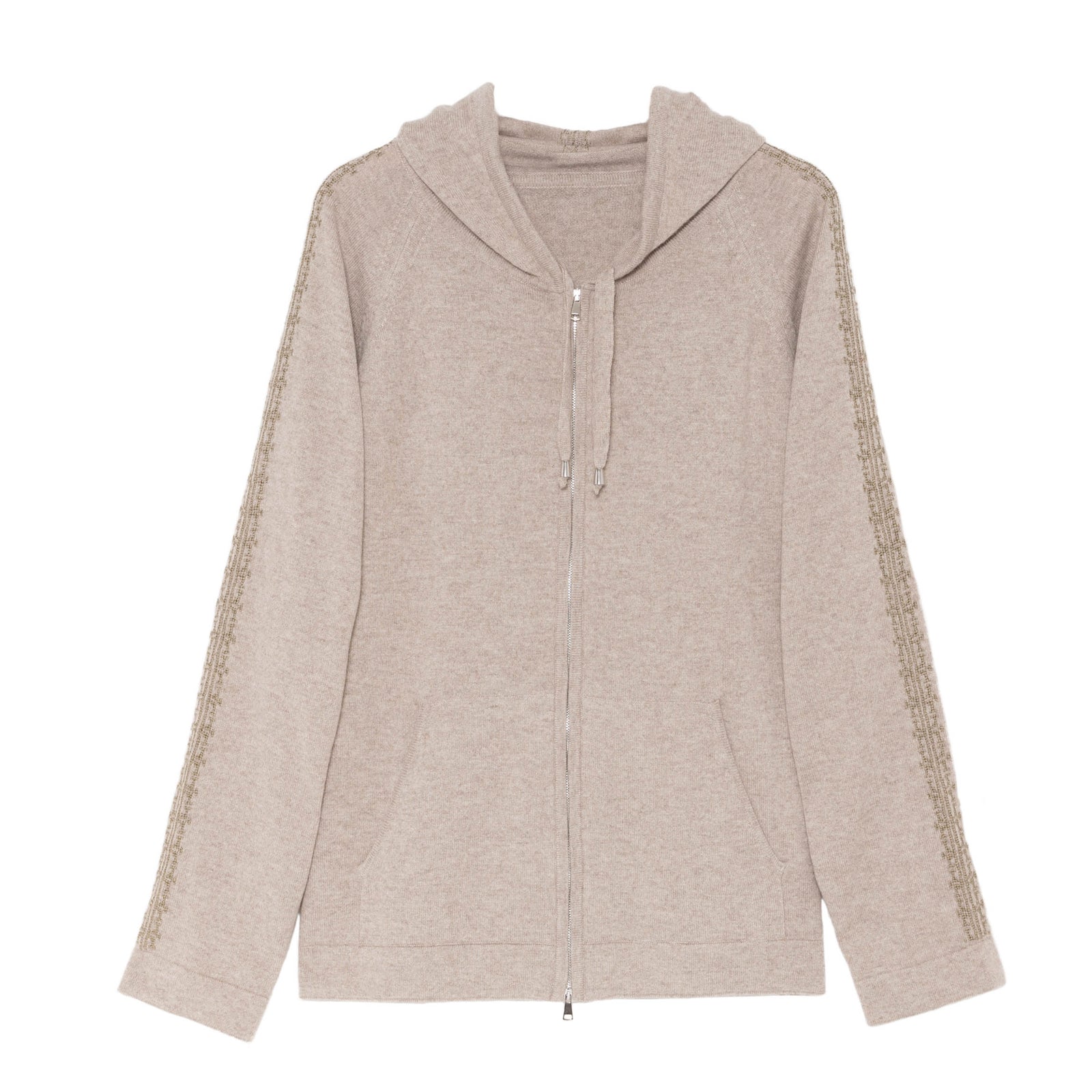 BEIGE CASHMERE ZIPPER HOODIE | STRAIGHT CUT FLAT CUFFS AND WAIST